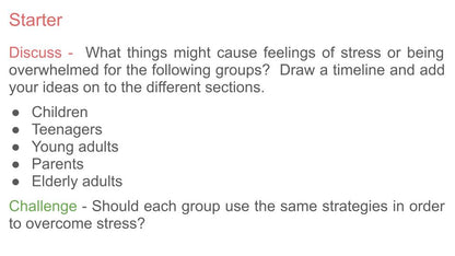 Stress and emotional wellbeing PSHE mental health lesson 2026 tutor time workbook  starter activity