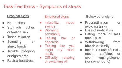 Stress and emotional wellbeing PSHE mental health lesson 2026 tutor time workbook symptoms