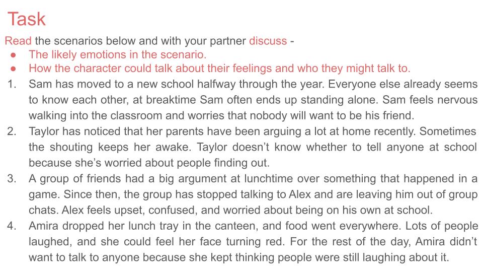 Talking about emotions mental health pshe lesson tutor time workbook resource. Scenario