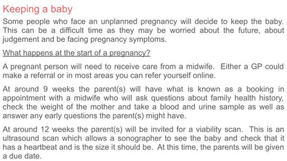 Unplanned pregnancy PSHE lesson or tutor time resource available from Youcantknoweverything Education.  Keeping a baby slide