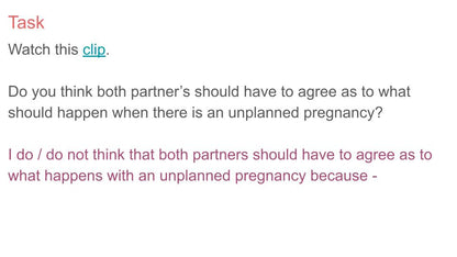 Unplanned pregnancy PSHE lesson or tutor time resource available from Youcantknoweverything Education.  Male partner slide with video clip