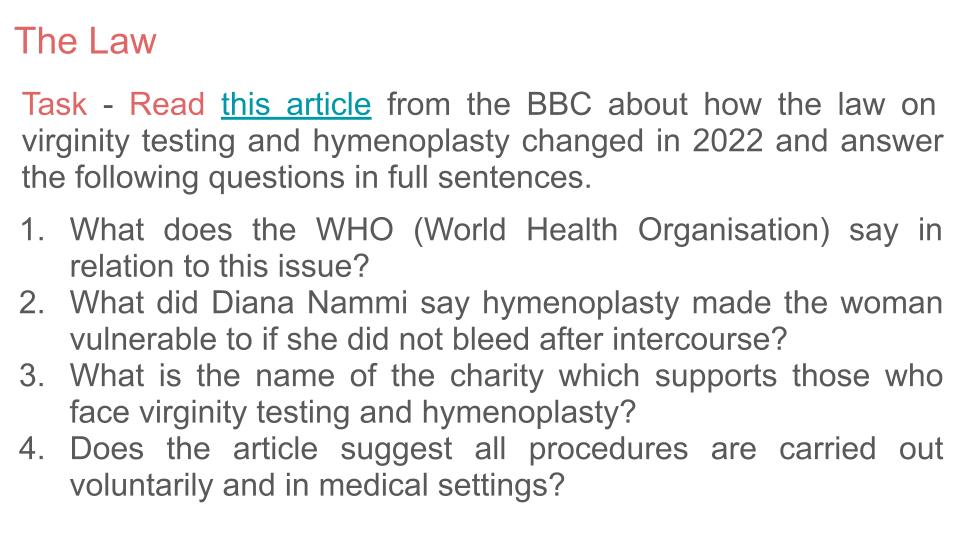 Virginity Testing and Hymenoplasty PSHE Lesson
