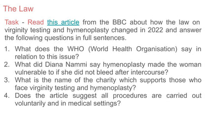 Virginity Testing and Hymenoplasty PSHE Lesson