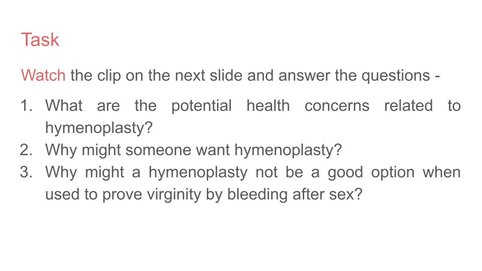 Virginity Testing and Hymenoplasty PSHE Lesson