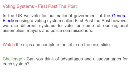 Voting electoral systems Citizenship lesson ks3 ks4 first past the post